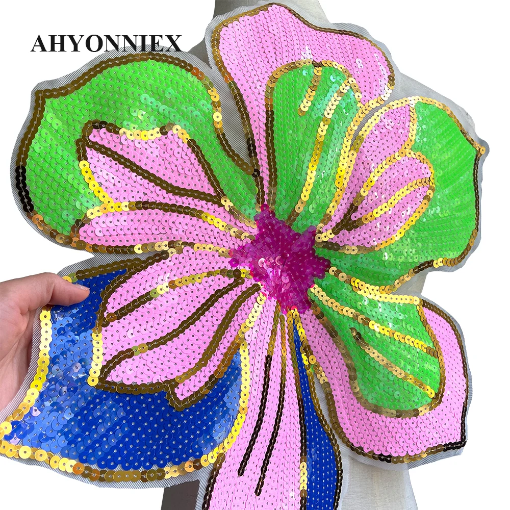 39.5CM X 43CM Large Colorful Flower Embroidery Patch Sequin Patches For Clothing Appliques Sew On Patches