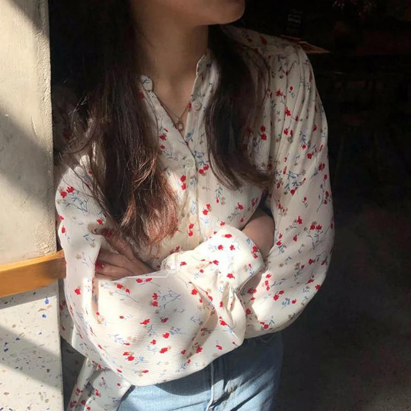 Floral Chiffon Shirt Tops Spring Autumn New Long Sleeve Polo Neck Printing Loose Youth Blouse Fashion Sweet Cute Women Clothing