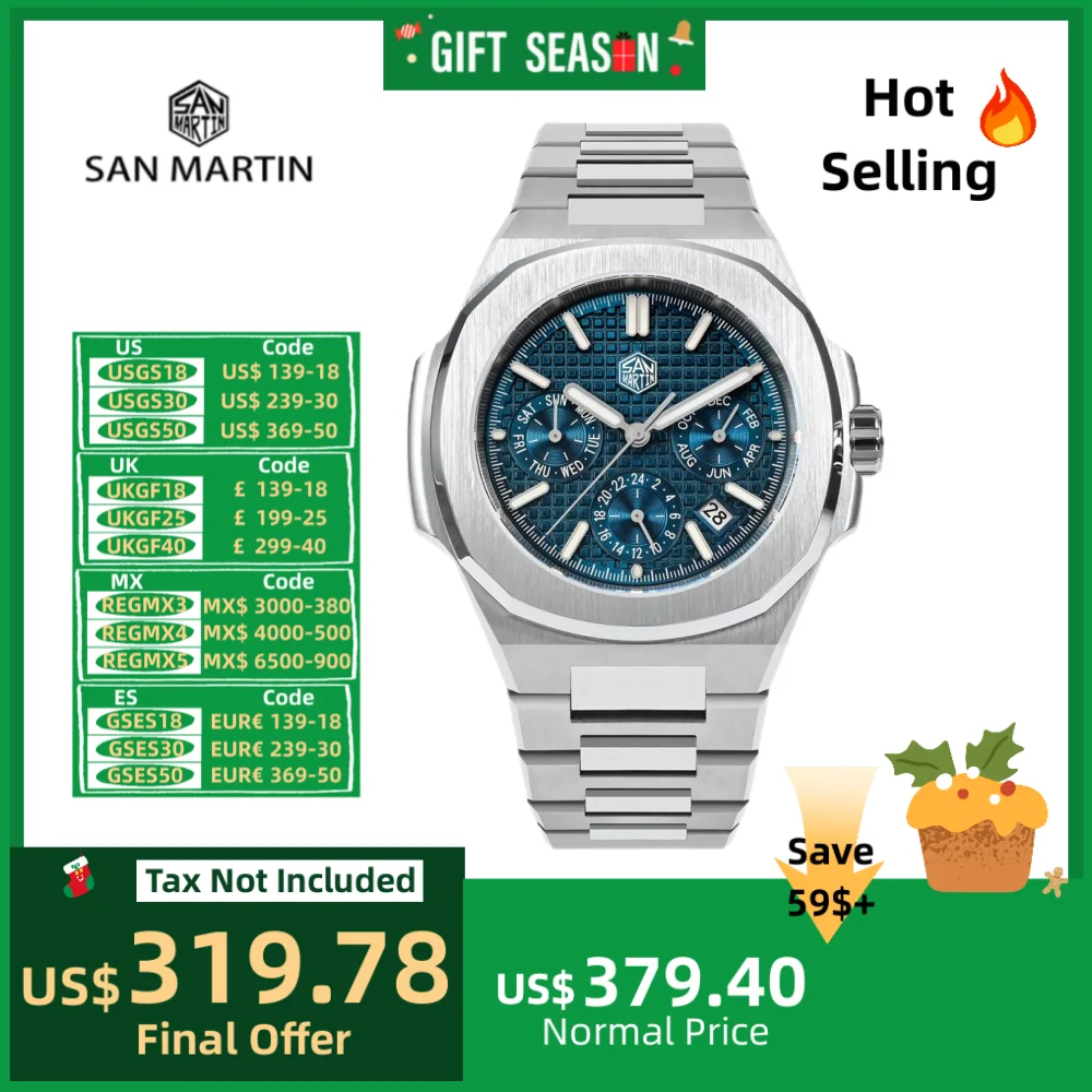 San Martin 43mm 9120 Sport Multi-Function Men Watch Mechanical Hour Date Week Month Window FKM Rubber 10Bar Reloj Hombre SN0075B