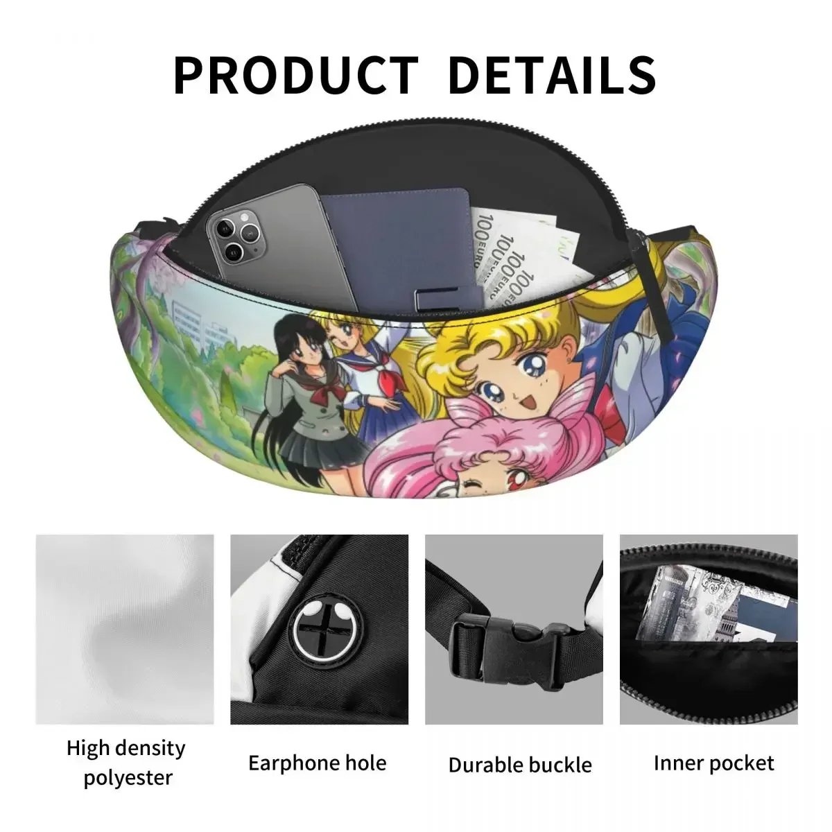 Anime Moon Sailors Fanny Pack Men Women Custom Japanese Shojo Manga Crossbody Waist Bag for Travel Hiking Phone Money Pouch