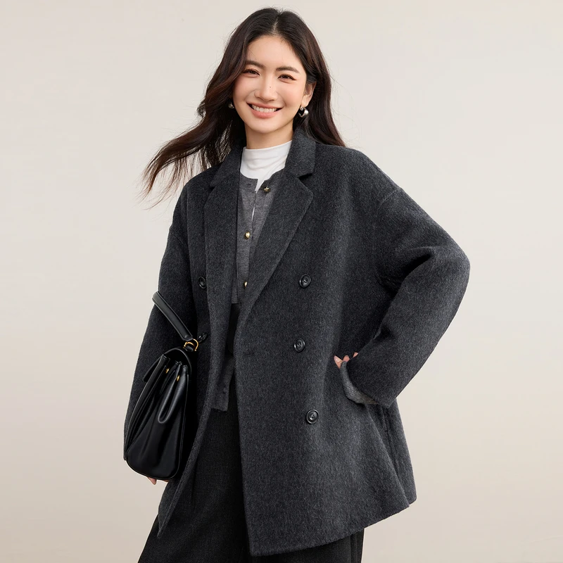 SENTUBILA Wollen jassen voor dames 2026 Winterjassen Notch Revers Lange mouw Losse jas Casual stijl Dameskleding W54OA8768