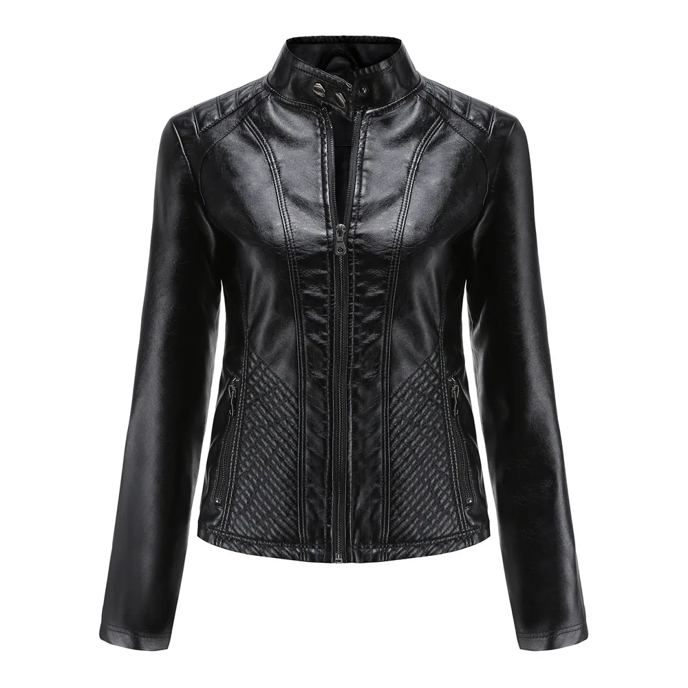 Mulheres Jaqueta de couro preto 2024 Rebite Moto Biker Zipper Jacket Senhoras Primavera Outono Casaco Feminino Motocicleta Vinho Vermelho Marrom Bege