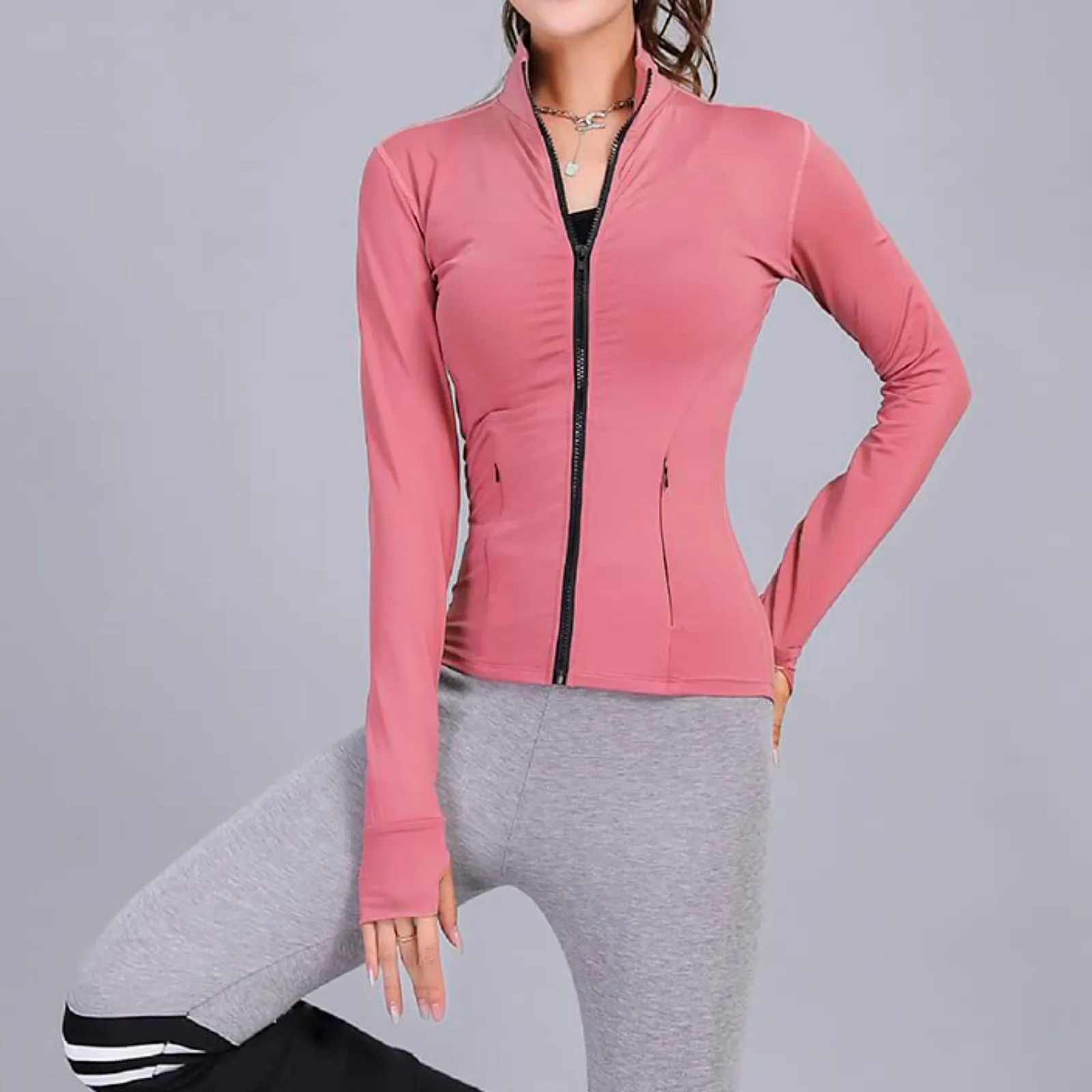 Jaqueta com zíper gola Stand feminino, casacos de ioga de mangas compridas, roupas esportivas casuais, monocromáticas, pretas, magras, corrida, fitness, moda