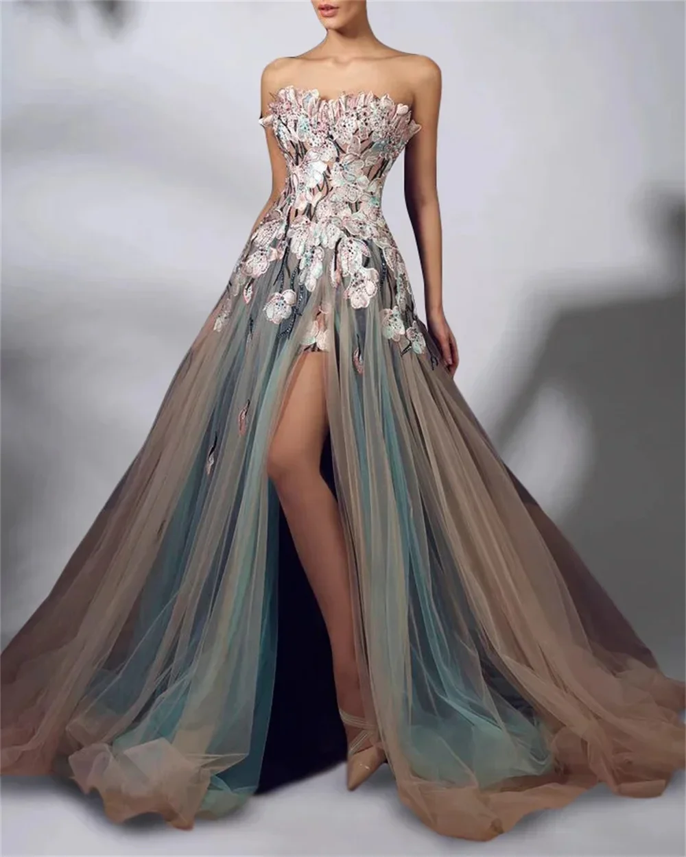 Customized Prom Gown Formal Saudi Arabia Asymmetrical Ball Floor Length Sequin Open Back Skirts Draped Tulle Applique Bespoke Oc