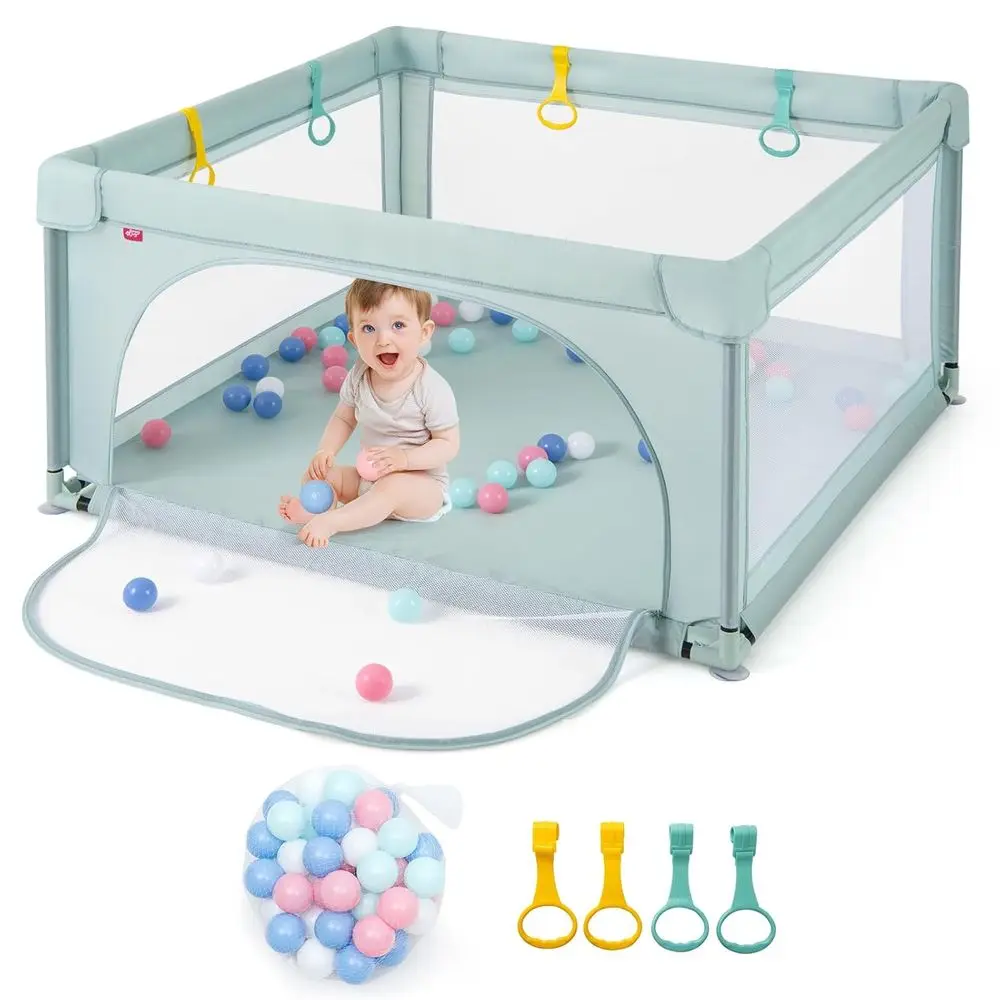 Box per bambini grande quadrato blu con 50 palline oceaniche, 4 anelli di trazione, recinzione di sicurezza antiscivolo, rete traspirante e porta con cerniera