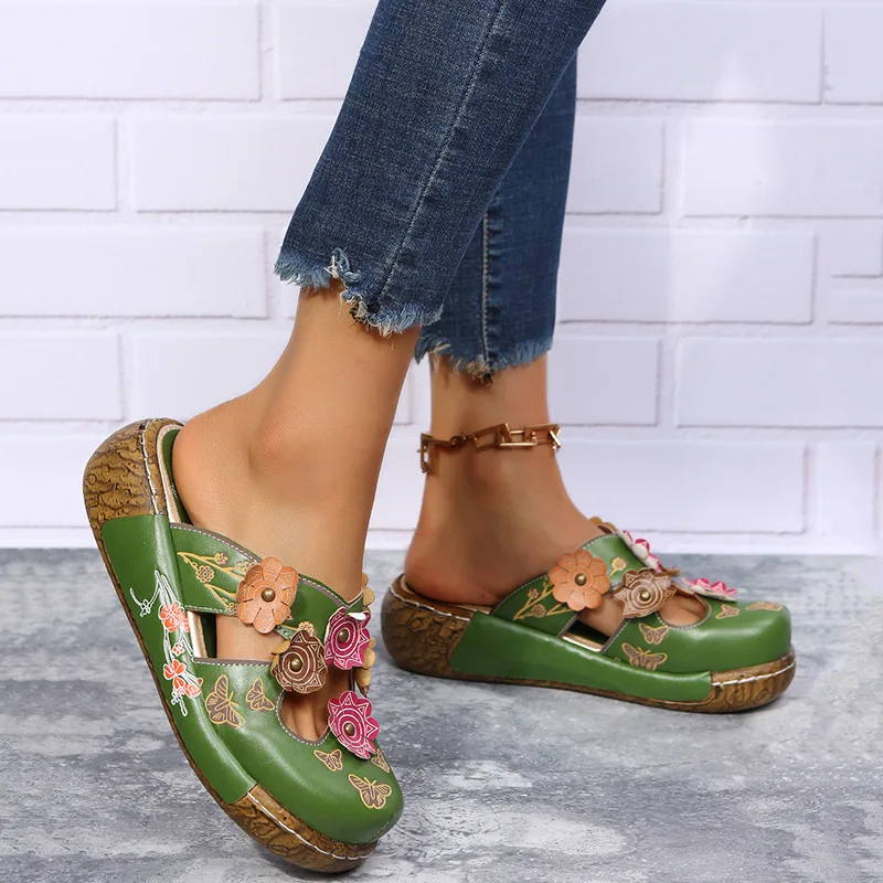 2024 Summer New Baotou Ethnic Slippers Bottom Flower Handmade Thick Sole Retro Women\'s Platform Sandals Zapatillas Mujer