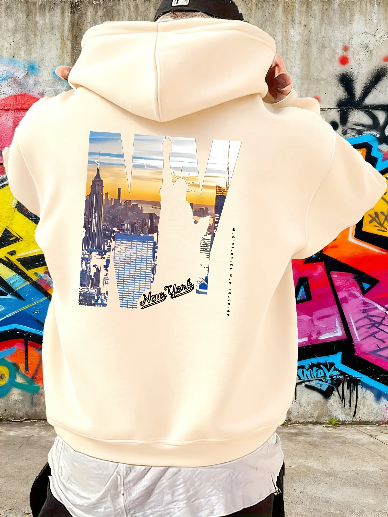 Trend Fashion City Print Men Hooded Sweatshirt Autumn and Winter Daily Outdoor Sports Loose All Build Leisure Warm Street Style