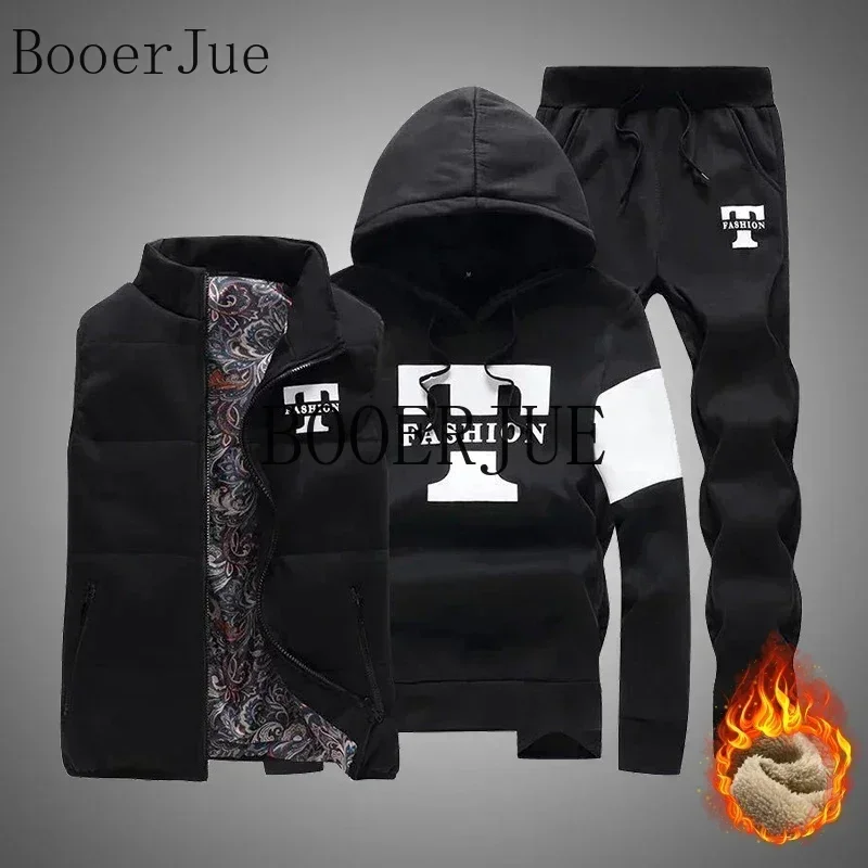 Mens Set Vest 3 Pieces Set Hoodies+Vest+Pants Casual Track Suit Clothing Coats Winter Thick Warm Tracksuit for Couple Printed - view 4