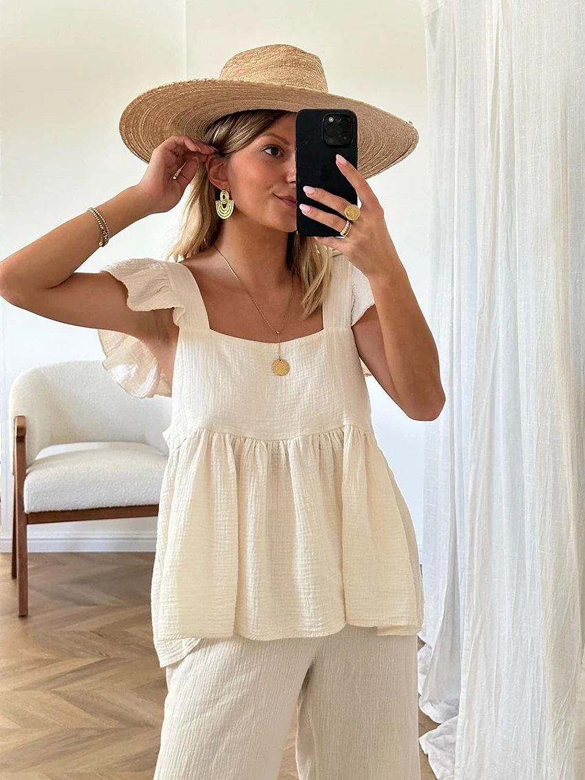 Marthaqiqi Cotton Women Nightwear Suit Short Sleeve Nightgowns Sexy Square Collar Pajamas Wide Leg Pants Loose Ladies Pajama Set