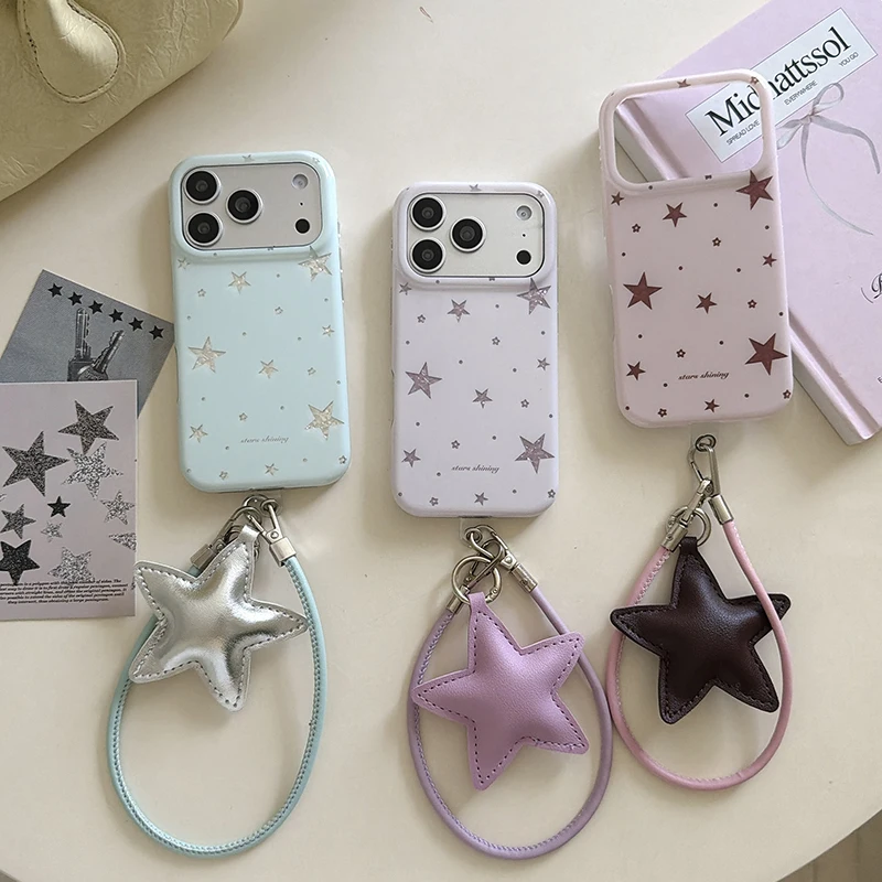 Coque de téléphone coréenne mignonne motif étoile pour iPhone 17 Pro 16 15 Pro Max, coque arrière avec breloque cordon, étuis Kawaii pour Apple 17 Pro Max
