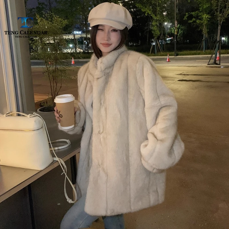 Vintage Mink Imitation Fur Grass, High-end Stand Up Collar Vertical Stripe Lazy Style Fur Coat, Women's 2025 Winter New Style