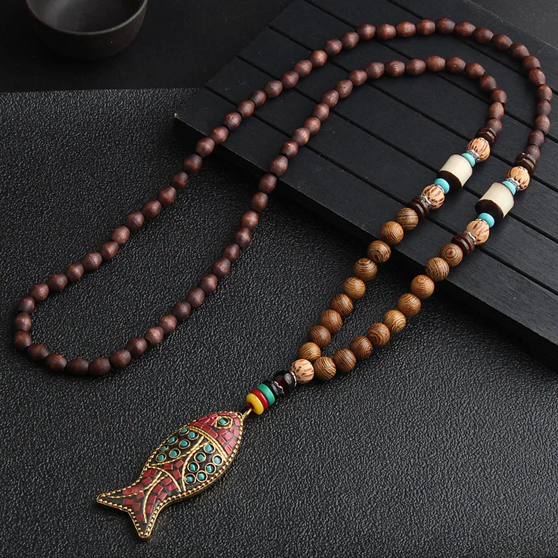 Unisex Handmade Necklace Nepal Buddhist Mala Wood Beads Pendant & Necklace Ethnic Fish Horn Long Statement Men Women\'s Jewelry