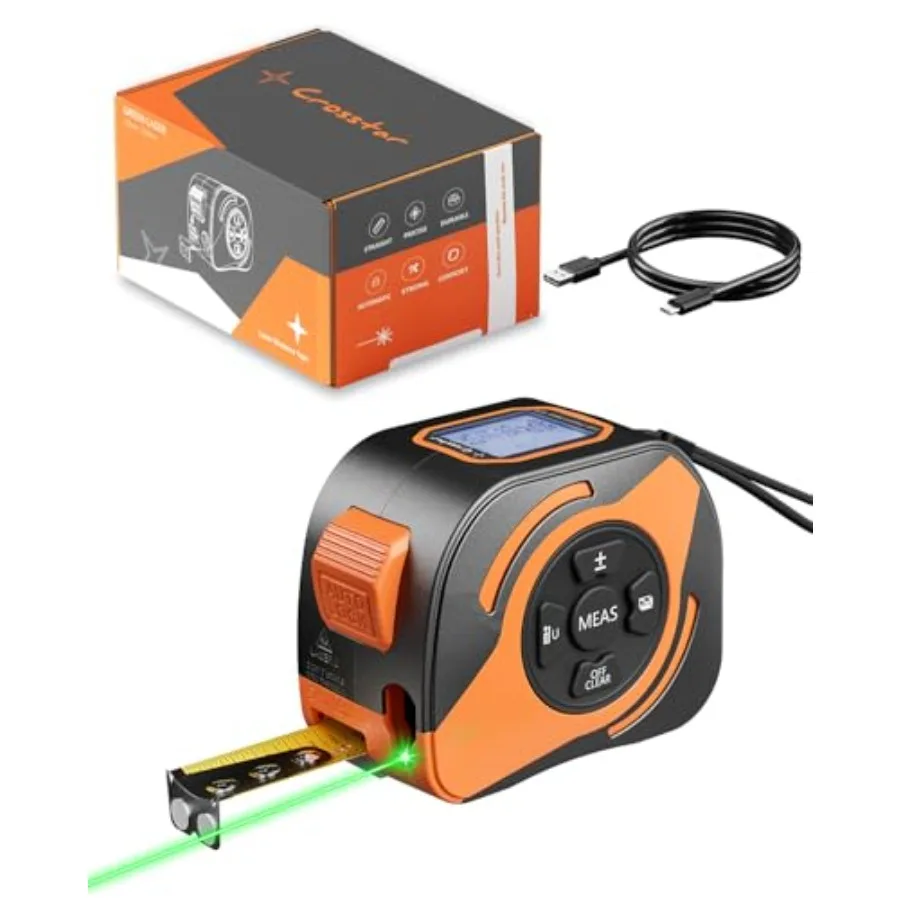 

2-in-1 Laser Tape Measure 197ft 532nm Green Beam 16ft Manual Tape w/Matte Blade LCD Display with Tilt Angle Pythagorean Mode Ma