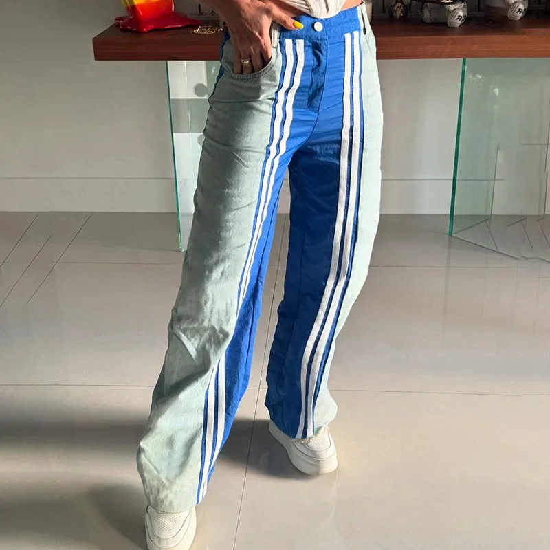 

Fashion Patchwork Jeans Women High Waist Straight Pants Autumn Casual Retro Denim Trousers Hip-hop Pants Streetwear 2024 Blue