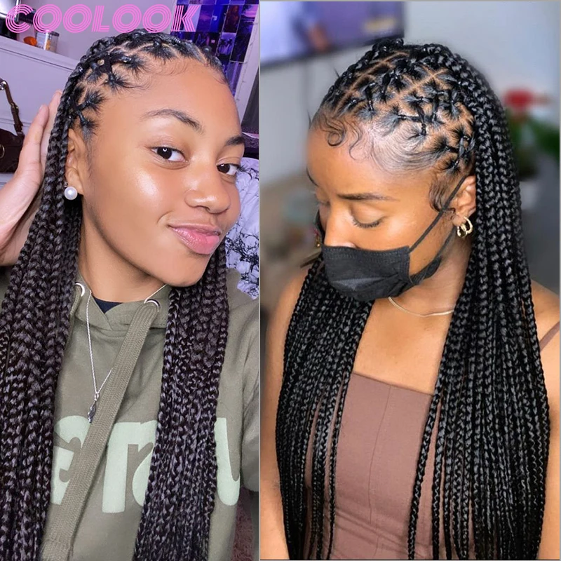 Synthetic 36inch Full Lace Box Braided Wig with Plaits Black Criss Cross Lace Front Braids Wig Distressed Braid Lace Frontal Wig