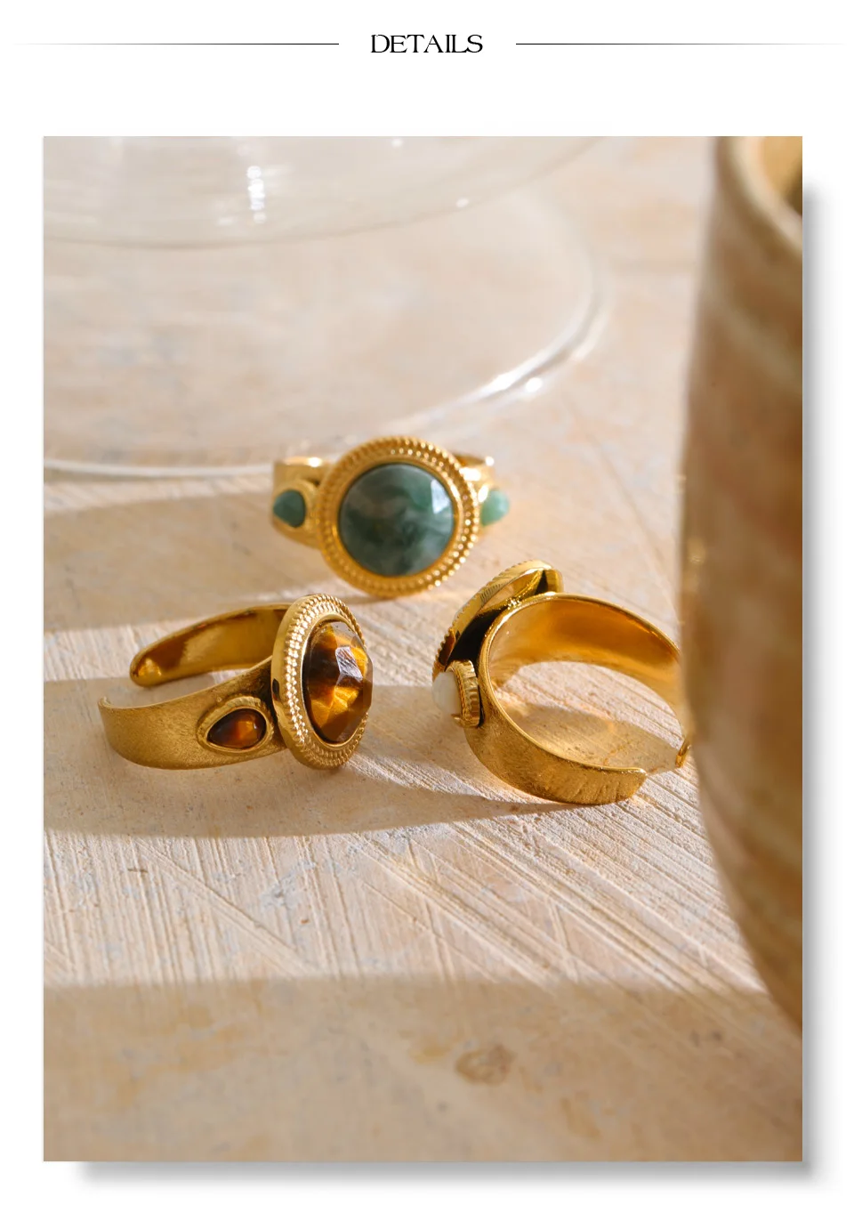 Yhpup Größe 7 Natürliche Muschel Tiger-Türkis-Stein Runder Ring Edelstahl Goldfarben Vintage Charm Schmuck – Detail 10