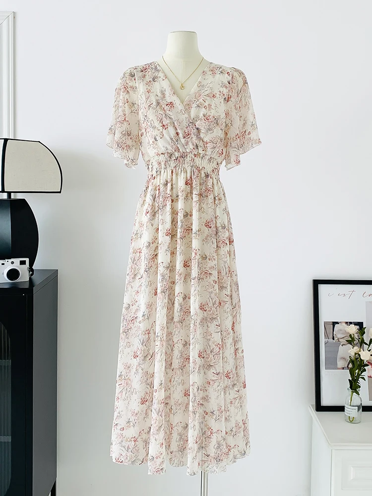 Summer Maxi Dresses for Women 2026 Casual Short Sleeve Floral Print V-Neck  Chiffon Bohe Beach Party Long Dress Mujer Vestidos