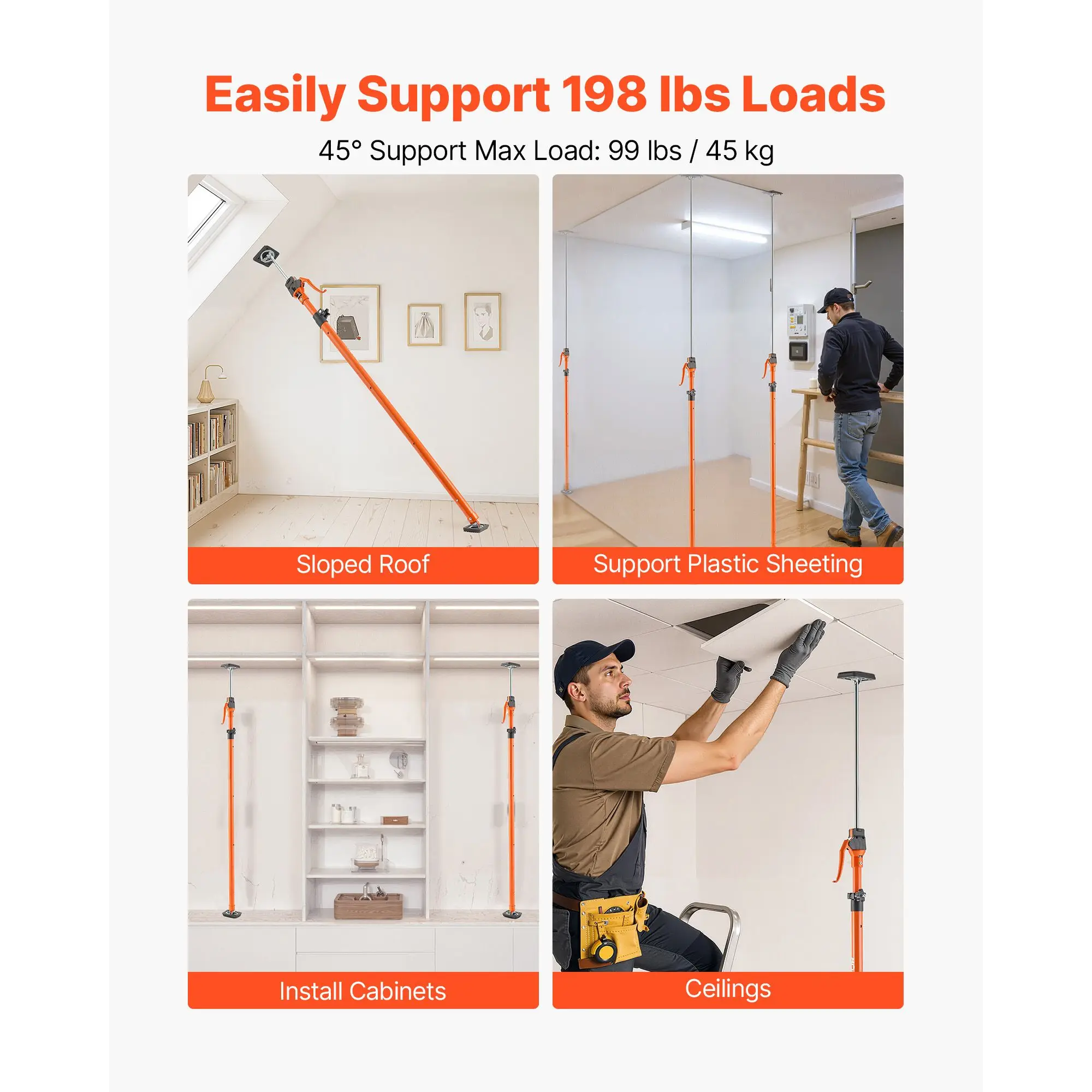 Cabinet Jack Support Pole, 2-Pack, 49.2-114.6 Inch Steel Telescopic Quick Rod, Adjustable 3rd Hand System up to 198 lbs Capacity