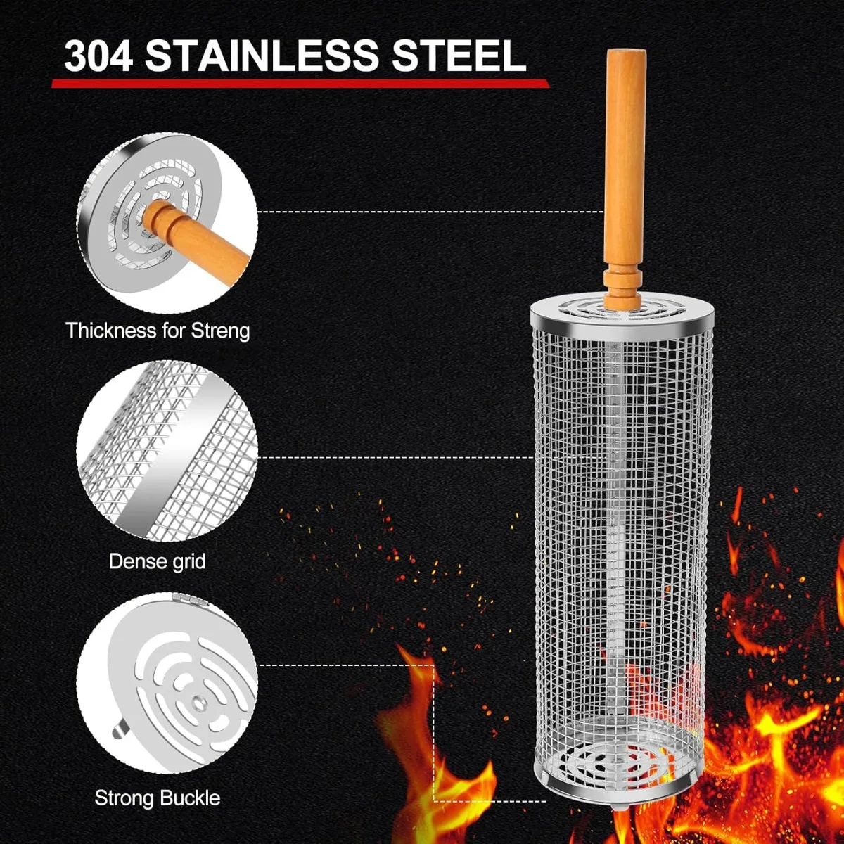 304 Stainless Steel Grilling Rolling Baskets Easy Nesting with Detachable Wooden Handle Perfect Outdoor Barbecue Tool