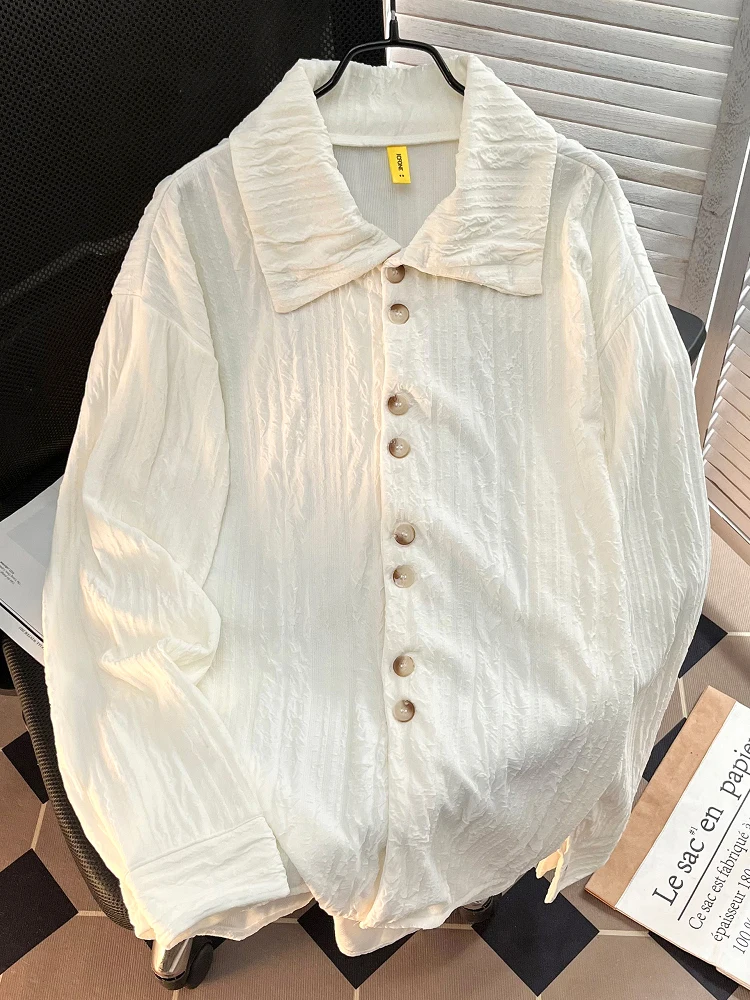 

Loose Long Sve Men's irt Spring Autumn Wrinkle Youth Casual Sle Faion Brand Sport Scene Pure Color Button Closure