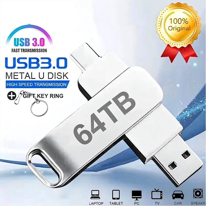 USB 3.2 USB Flash Drive 64TB OTG Pen Drive High Speed Type-C Flash Disk Real Capacity Metal Pendrive For Phone Computer