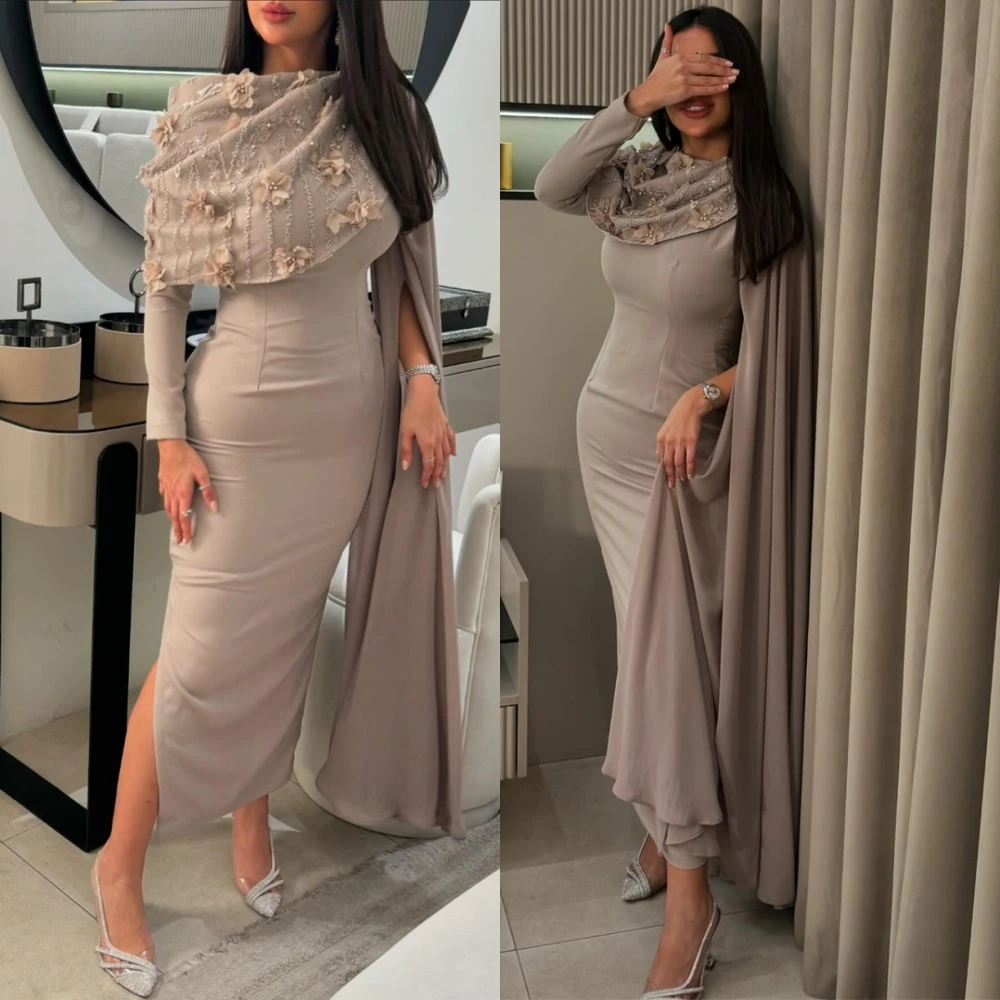 

Customized Graceful Jersey Flowers Evening Dress Delicate Mermaid Prom Dresses Temperament Long Sleeves Special Occasion Gowns