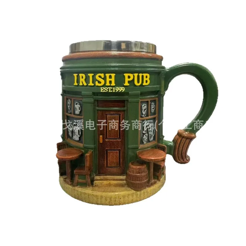 

Ирландская пивная кружка 3D из смолы с внутренней вставкой из нержавеющей стали, винтажная чашка для кофе в стиле барной сцены, подарок для любителей пива для дома и паба