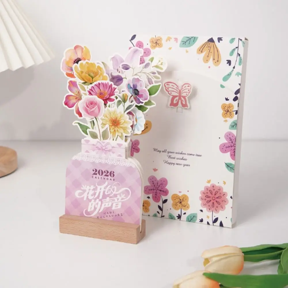 

Wooden Base 2026 Desktop Calendar Vase Shaped Detachable Base Monthly Planner DIY Date Display Bloomy Flowers Desk Calendar