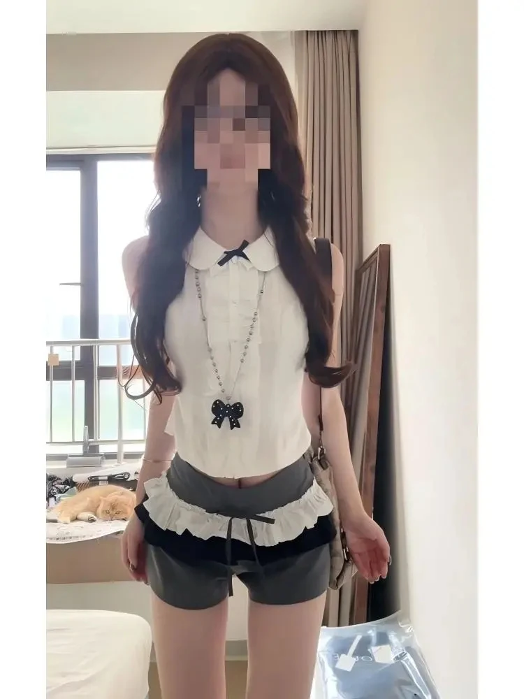 Korean Style Doll Collar Sleeveless Shirt Women's High Waist Slim Short Pants Two-Piece Set Summer Fashion Casual Workwear