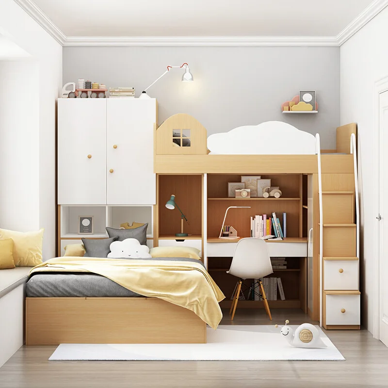 

Staggered high and low bed small apartment multi-functional combination bed tatami bed cabinet integrated with desk child