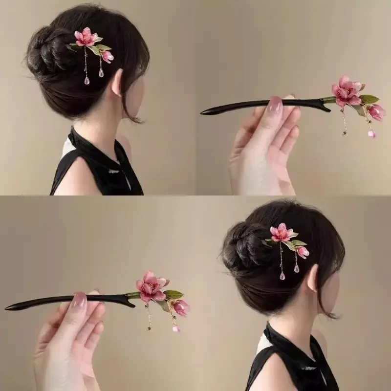 

Pink Floral Hairpin with Tassel, Retro Hanfu Hair Accessory for Women, Elegant Daily Party Hair Stick