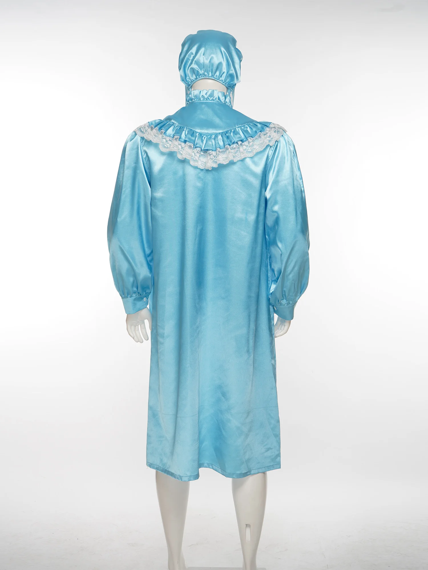Mens Vintage Pajamas Party Victorian Style Nightgown with Hat Set Ruffled Lace Trim Long Sleeve Front Zipper Satiny Sleep Dress image 4