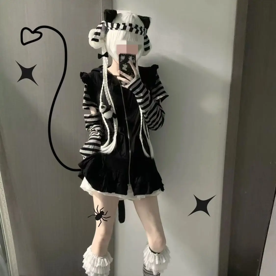 Hollow Out Striped Tops Autumn Spring Y2K Clothes Rivet Cat Ear Sleeveless Zip Up Hooded Coat with Tail New in Matching Sets