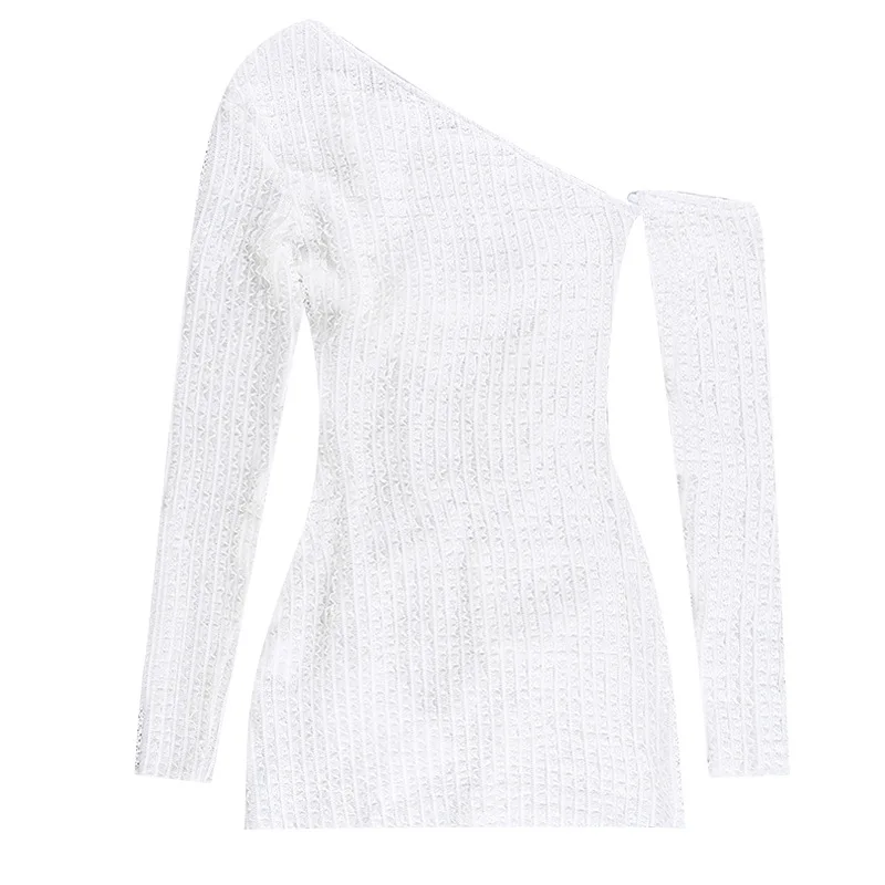 

Summer New Style Slim Fit Oblique Collar Split Lace Asymmetric Long Sleeve Dress for Women