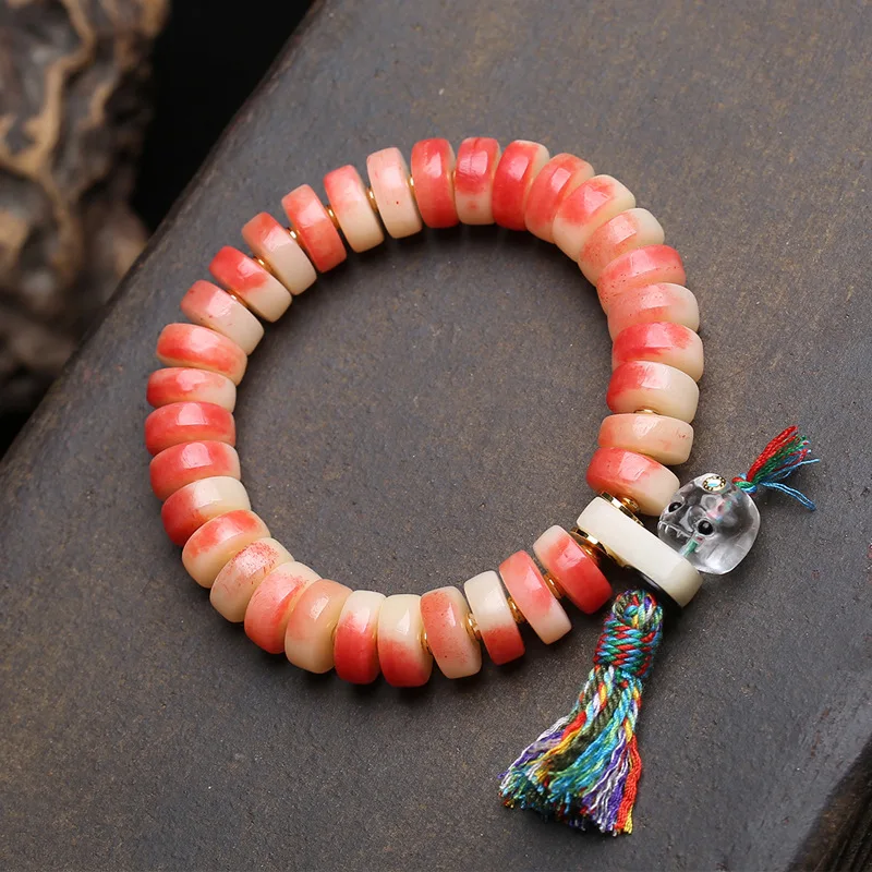 Chinese Style Natural Camel Bone Beaded Bracelet Single Strand For Men Wenwan Liuli Gawu Box Pendant Brass Accessories Lucky Ble