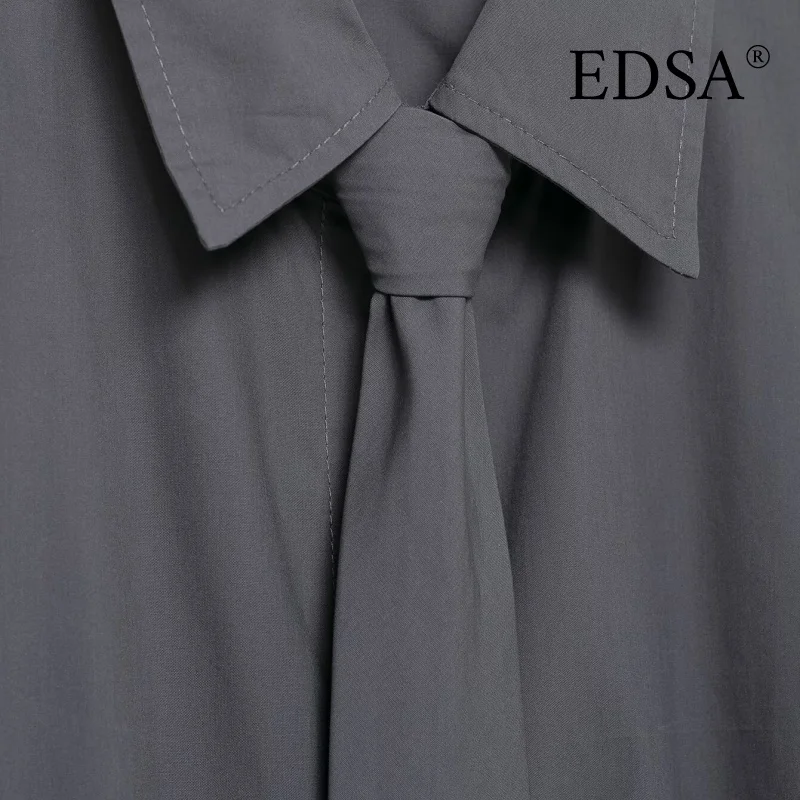 قميص نسائي قصير من EDSA بأكمام طويلة لربيع وصيف بلون سادة