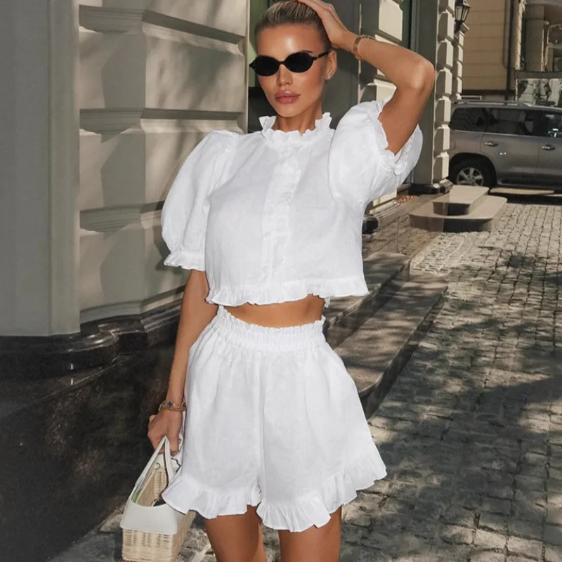 

Ruffle Crop Top Shorts 2 Piece Set Women Summer Casual Puff Sleeve Slim Tops Shorts Set Lady Fashion Streetwear Shorts Sets 2025