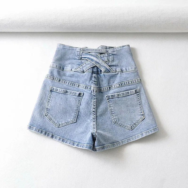 orts vaqueros elásticos de cintura alta con doble botón en la espalda, diseño cruzado calado, dos colores, novedad de veran...