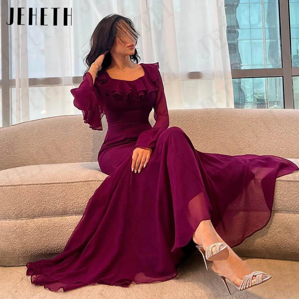 

JEHETH Saudi Arabic Evening Dress Mermaid Long Sleeves Chiffon Ruffles V Neck Formal Occasion Dresses فستان سهره Women Dubai