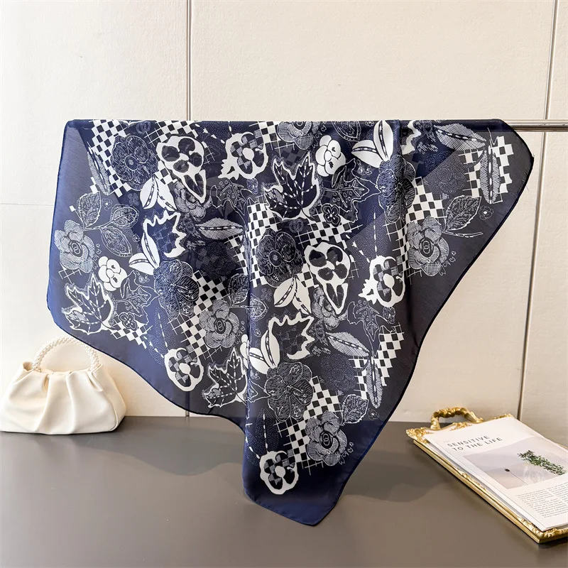 

Trendy Sketch Floral Checkerboard Square Scarf Soft Satin Silk Aesthetic Bandana Neck Hair Headband Bag Wrist for Women Scarves