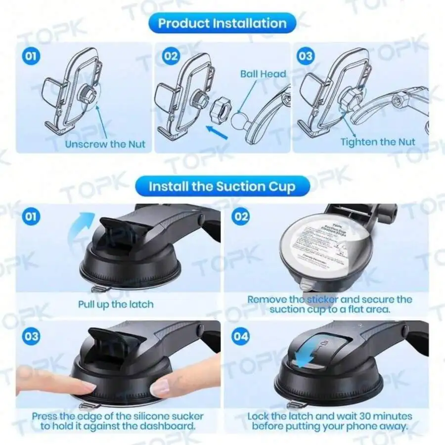 

Upgraded Strong Suction Car Phone Holder Mount For Dashboard Windshield Universal Adjustable 360° Hands-Free Stand Compatible