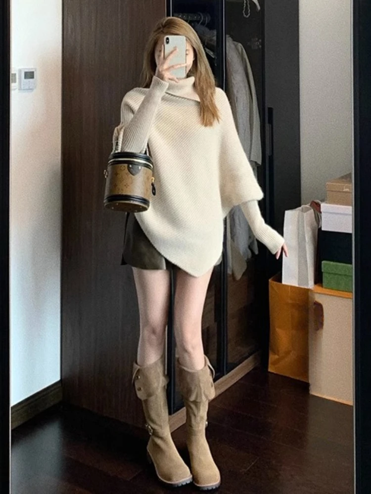 Irregular Sweaters Women Elegant Office Lady Autumn Winter Solid Turtleneck Long Sleeve Classic Stylish Korean Style Temperament