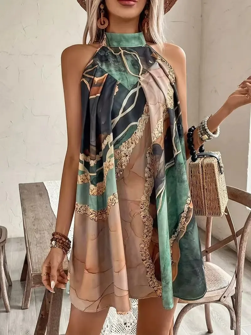 Ärmelloses Damen-Minikleid mit Rundhalsausschnitt und Streifenmuster, sexy