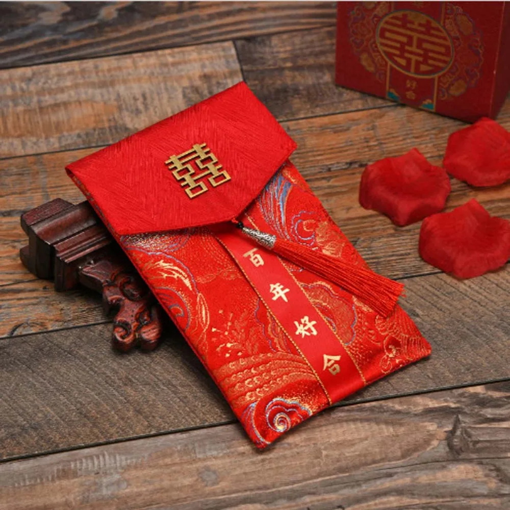 New Year Blessing Words Brocade Red Envelope Spring Festival Brocade Cloth Tassel 2025 Money Pocket HongBao Embroidery