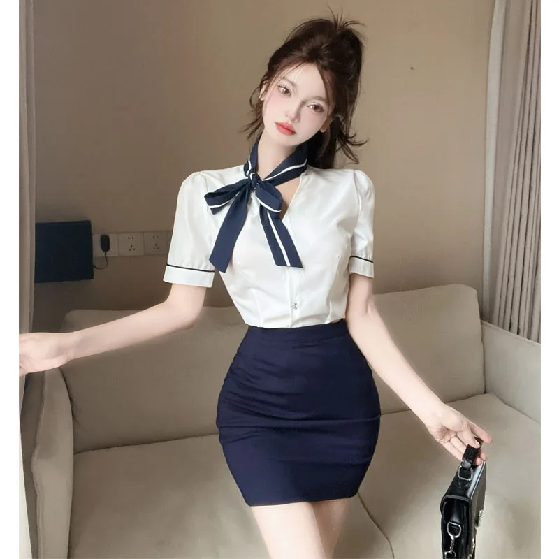 

Stewardess Professional Uniform Set Summer Women's Broadcast Shirt Bodycon Skirt Bar Front Desk Foot Bath Workwear