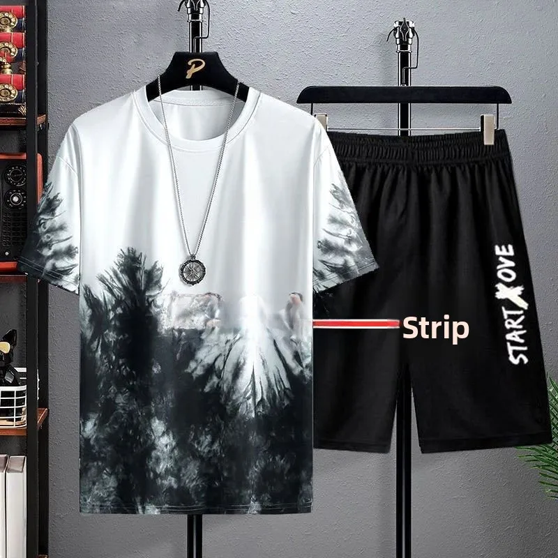 

Men's ort Sve T-irt And orts Ice Silk Casual Sportswear Set Summer New Sle Youth Five-Quarter Length Pants
