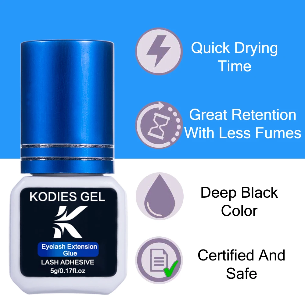 KODIES GEL New Eyelash Extension Glue 5g 1s Fast Dry Black Eye Lashes Glue Extra Strong Semi Permanent Bonder Last 7- 8 Weeks