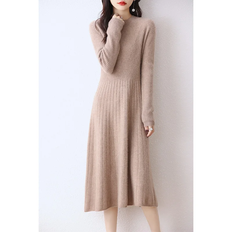 100% pure wool vestido feminino Hot Sale 2023 Winter New Fashion Cashmere Dresses Female O-neck  Wool Clothing DR01