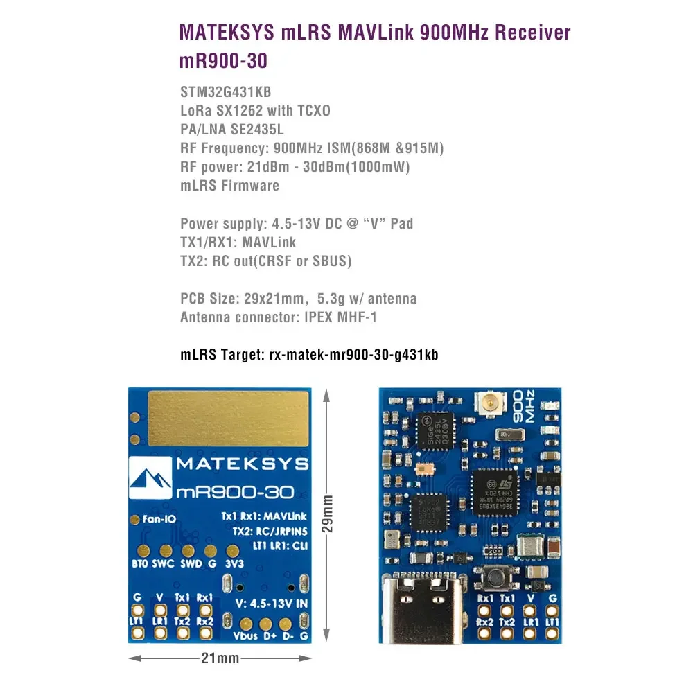 MATEK MATEKSYS MR900-30 RX TCXO MLRS MAVLINK 900MHZ 868MHz 915MHz FCC RECEIVER 30 dBm RF power For Long Range FPV RC Moder