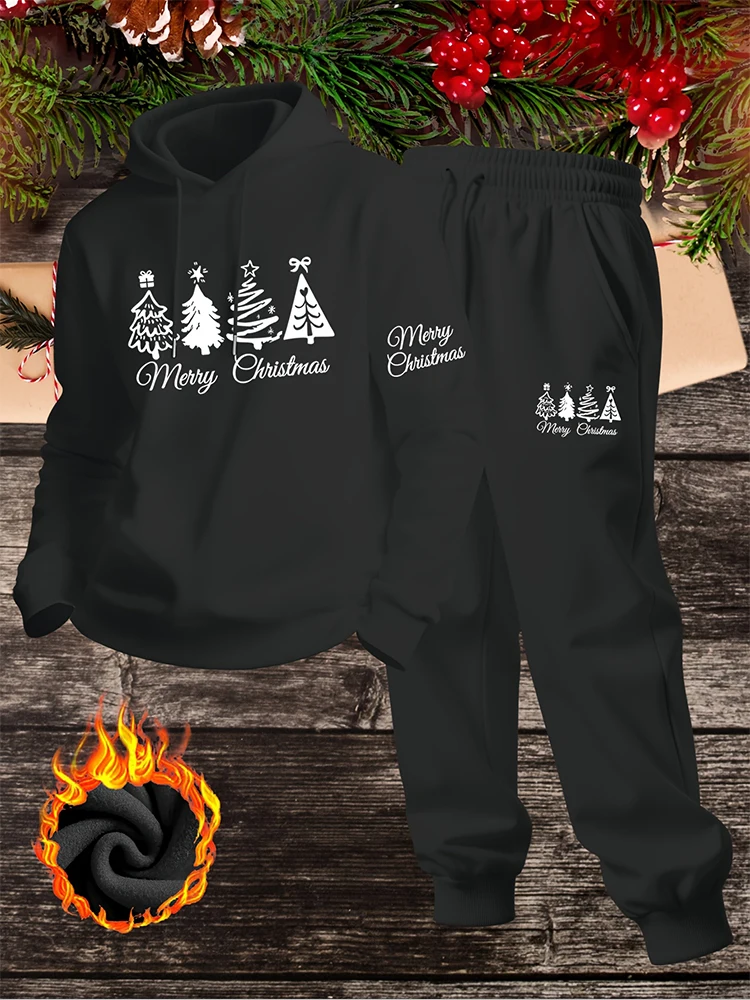 Merry Christmas Hoodie Pants Set Xmas Tree Print Winter Tracksuit Casual Jogger Holiday Sweatsuit for Men Women - T43